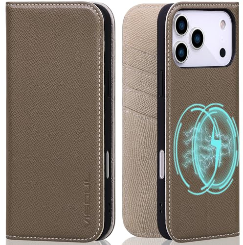 VISOUL Palm Grain Schutzhülle aus echtem Leder, kompatibel mit iPhone 17 Pro Max 17,5 cm (6,9 Zoll) 5G 2025, magnetisch, RFID-Blockierung, kabelloses Aufladen, 4 Kartenfächer, weiche TPU-Schale