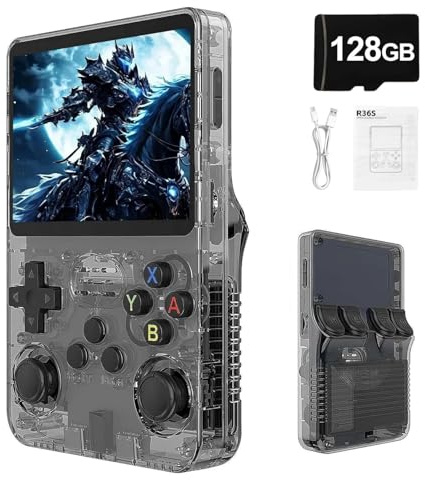 Syzplnwy R36S Retro Handheld Game Console with 3.5 Inch IPS Screen, 3500mAh Battery, 128GB TF Card, 20,000+ Games, Open Source Linux System for Teens & Adults, Black