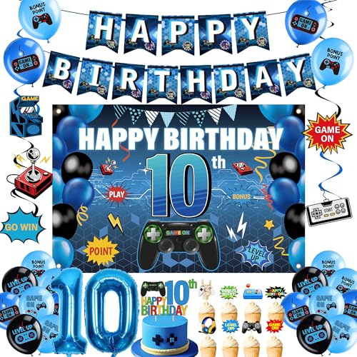 Videospiel Geburtstagsdeko Junge 10 Jahre - 32 Stück Deko für Jungen | Blau Schwarz Gaming Deko mit Banner Ballons Zahl 10 Tortendeko für Spielparty