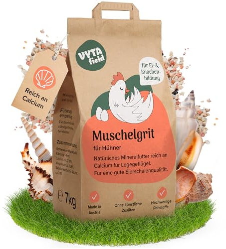 VYTAfield Muschelgrit für Hühner 7kg - Futterkalk mit Calcium für Geflügel | Natürlicher Grit für Vögel - Mineralfutter mit Kalzium - reich an Mineralien - ohne künstliche Zusätze - Made in Austria