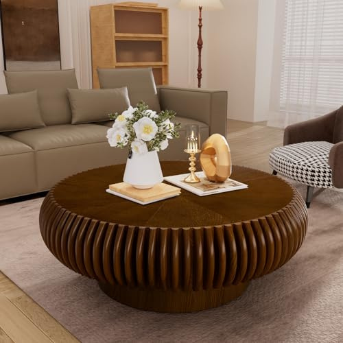 31,49 Farmhouse geriffelter Trommel-Couchtisch, (D Round Walnut 31.49in) | Mid-Century Modern, kreisförmige Mitteltische – handgefertigtes Relieffurnier für Wohnzimmer, Arbeitszimmer, Wohnung