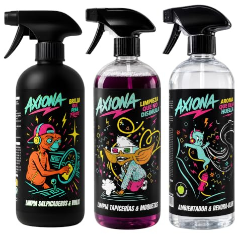AXIONA Kit de Limpieza Coche Interior: Salpicadero, Tapicerías, Ambientador | Neutralizador de Olores, Car Detailing Profesional, Tamaño XXL de 1L, Limpieza Interior, No Aceitoso, Hecho en España