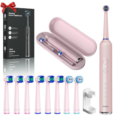 YAGEA Rotating Electric Toothbrush with 8 Brush Heads for Adults & Kids, Rechargeable Power Toothbrush with 2-Mins Smart Timer, Portable with Travel case, 50-Day Battery Life, 5 Modes, R05 (Pink)