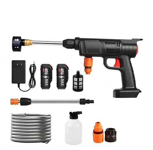 Pistolet Nettoyeur Haute Pression Sans Fil 21V, Portable sur Batterie avec 2 Batteries Rechargeables, Buse 6 en 1, Tuyau 5M, pour Lavage Voiture, Vélo, Terrasse, Fenêtre et Jardin
