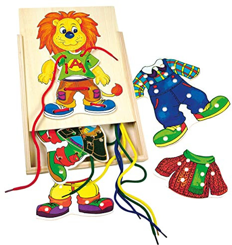 Bino Nähbox Leo, Spielzeug für Kinder ab 3 Jahre (Holzspielzeug zur Förderung kindlicher Fähigkeiten, buntes Motorikspielzeug, Kinderspielzeug mit Vorlagen, Fädelschnüren & Aufbewahrungsbox), 88102