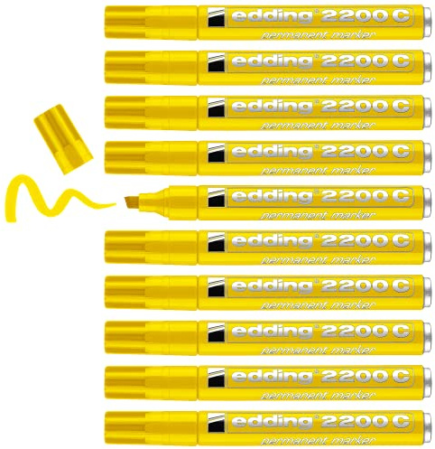 edding 2200 C permanent marker - yellow - box of 10 - chisel tip 1-5 mm - quick-drying permanent marker pen - waterproof, smudge-proof - for cardboard, plastic, wood, metal, fabric
