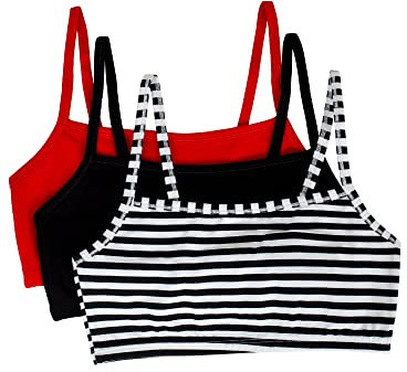 Fruit of the Loom Women's Spaghetti Strap Cotton Pull Over 3 Pack Sports Bra in Fashion Colors, Opaque, Skinny Stripe/Black Hue/Red Hot, 34 (Pack of 3)