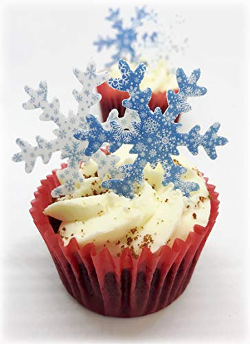 30 PRECUT Large Blue & White Patterned Snowflakes Edible Premium Wafer Paper Cake Toppers Decorations - Perfect for Christmas