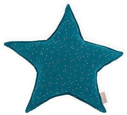 KraftKids Sternkissen Musselin goldene Punkte auf Petrol, 45 cm großes Kuschelkissen, Deko-Kissen für das Kinder-Zimmer