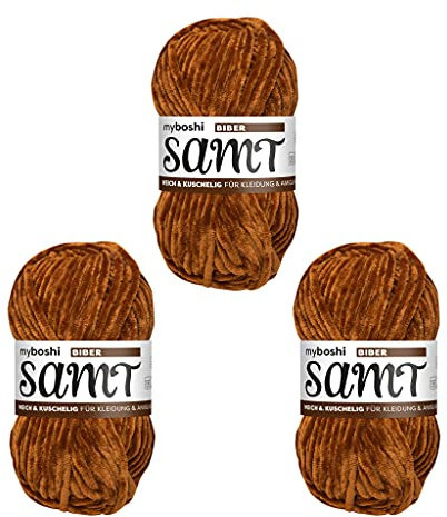 myboshi Häkel- und Strickgarn | Samt | Chenille-Garn | Plüschwolle | 3-Pack Ball | 892 Biber – Braun