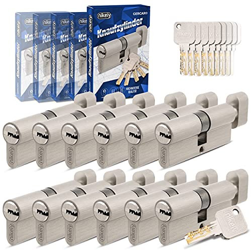 GERCAR Pro Lot de 12 cylindres à bouton à fermeture identique 40/40, avec bouton, 60 clés, serrures de porte à cylindre, longueur de 80 mm, A : 40, B : 40, en laiton mat massif