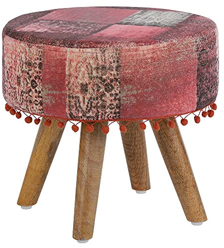 WOMO-DESIGN Sitzhocker Pamplona mit Holzbeinen, Stoffbezug, rund, 38 x 36 cm, Holzoptik, Rot, Boho Vintage Stil, gepolsterte Sitzfläche, Fußhocker, Polsterhocker, Holzhocker, Deko Hocker für Zuhause
