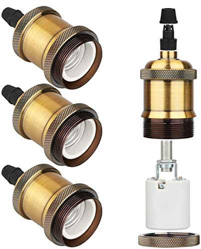Zevnico E27 Lamp Holder Bulb Vintage Socket Ceramic Pendant Retro Edison Screw Holder, Rated 4A 250V for DIY in Brass Color, Pack of 4, Brass, Zev-UK-001-Brass