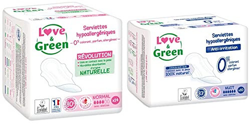 Love & Green Serviettes Hypoallergéniques Normal 0% 14 Pièces+ Love & Green Serviettes Hypoallergéniques Nuit 0% 10 Pièces