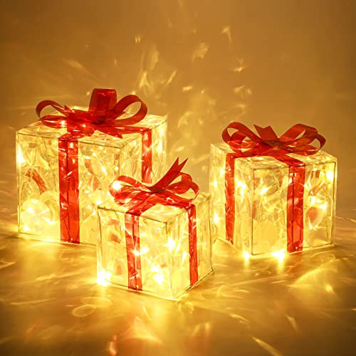ELKTRY 3er Set LED Geschenkbox, Weihnachtsdeko mit 60 warmweiß LEDs innen Strom, PVC Wasserdicht Weihnachtenbox Beleuchtete außen mit Schleife