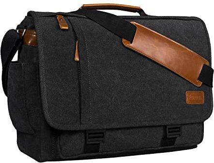 Estarer Laptop Messenger Shoulder Bag 17.3 Inch Mens Water Resistant Canvas Satchel Briefcase for Work Office(Dark Grey)