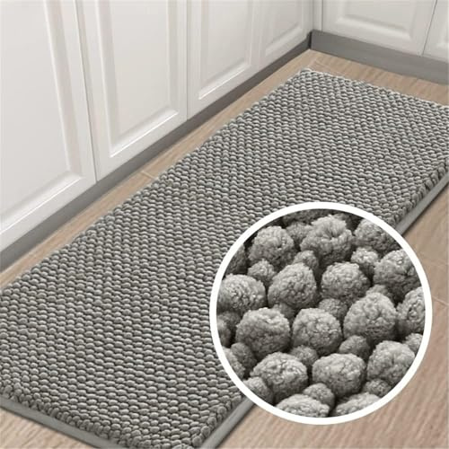 LINGKY Badematte rutschfest 50x150 cm Chenille Badezimmerteppich Saugfähige Badteppich Waschbar Badvorleger Bad Teppich Badezimmer Duschvorleger Badematte Hellgrau