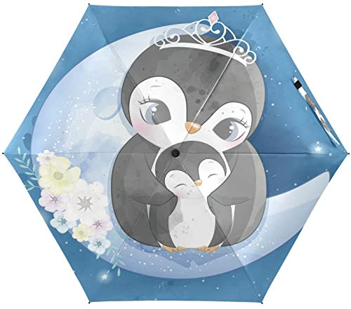 KAAVIYO Mutter Baby Pinguin Mond Regenschirm UV-Schutz Taschenschirm Umbrella Klein Leicht Schirm Kompakt Schirme für Mädchen Reise Strand Frauen