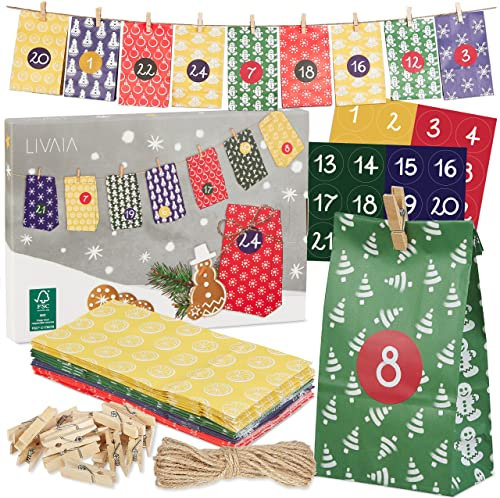 LIVAIA Adventskalender zum Befüllen 2025 - DIY Adventskalender Tüten Set mit 24 Papiertüten, Holzklammern, Zahlen Aufkleber, Jute Schnur - Weihnachts Adventskalender Basteln - Bunt 24 Motive
