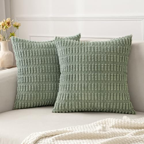 MIULEE 2er Set 45x45 cm Kordsamt Kissenbezüge Moderne Kissenhüllen Dekorative Sofakissen Dekokissen Weicher Zierkissenbezug für Wohnzimmer Sofa Schlafzimmer Boho Dekor Graugrün