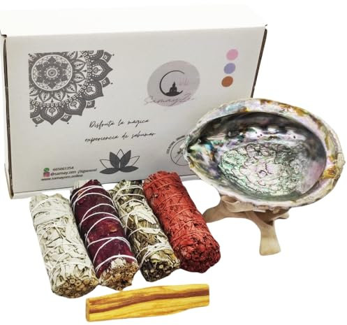SamayZen - set Sauge apiana blanche, Coquille Ormeau XXL, Bâton sacré, Yerba Santa, Sauge Pétales, Sinuata Violette,Herbes pour Sahumar - Liées - Encens Naturel - Smudge - pour Nettoyages Énergétiques