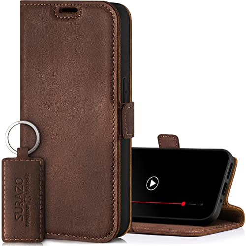SURAZO Premium Slim Magnet Handyhülle für Samsung Galaxy A54 Hülle Leder – Klappbare Echtleder Schutzhülle [mit Kartenfach, RFID Schutz] Flip Klapphülle Wallet Case Cover Lederhülle (Nussbraun)
