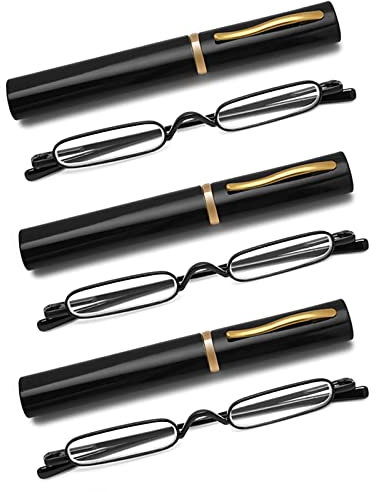 OWTXIS 3er-Pack Mini Schlanke Stift-Lesebrille - Kompakte Lesegeräte mit Stiftclip-Etui Federscharnier Metallrahmen Brillen (Schwarz, +1.75)