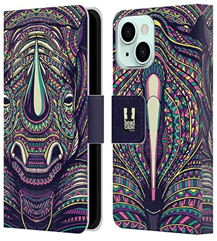 Head Case Designs Rinoceronte Caras Animales Aztecas 2 Carcasa de Cuero Tipo Libro Compatible con Apple iPhone 13 Mini
