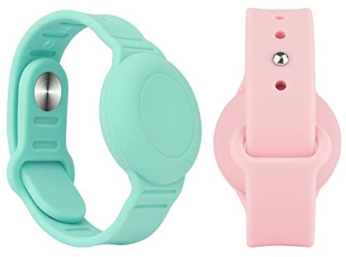 Pulsera impermeable en paquete de 2, compatible con Apple AirTag, correa de reloj ajustable suave para bebés y niños mayores(Azul claro y rosa)