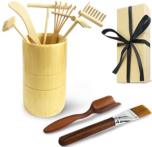 Artcome Mini Tisch Zen Sand Garten Rechen Werkzeug Set - mit Rechen Sandbürste Löffel Bambus Tube Tischplatte Meditation Sand Zen Garten Werkzeuge Zen Garten Zubehör und Eltern Meditation Geschenke