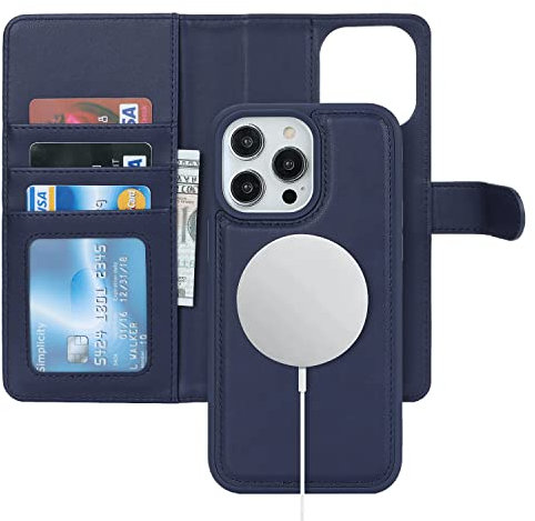 Havaya for Coque iphone 14 Pro Max Magsafe Compatible Coque iphone 14 Pro Max Porte Carte Flip Étui Cuir Portefeuille à Rabat Homme Amovible - Bleu