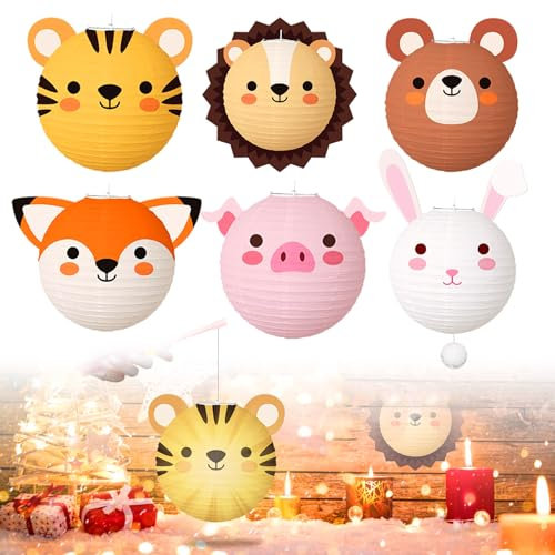 Silkwish 6 Stück Niedlich Tiermuster lampions, kinder laterne, laterne papier, 25cm Hängende Papierlaternen, Elefant Löwe Tiger Bär Papier Laterne Für Geburtstag Party Dekorationen