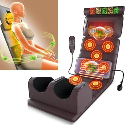 Tappetino Massaggiante con Calore - Materasso Massaggiante con Shiatsu Massaggiatore Collo Staccabile, Sedile Massaggiante con 10 Motori Vibranti,Leather