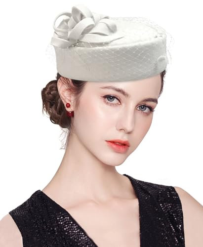 ELLYDOOR Fascinator aus Wolle für den Winter, Wollfilz, für Damen, Hochzeit, Kirche, Schleier, Schleier, Fedoras, 01b Elfenbeinweiß, Einheitsgröße