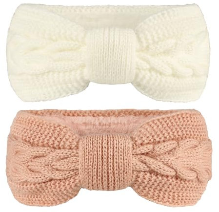 2PCS Women Fleece Lined Headbands Ear Warmers Knitted Thermal Hairband Elastic Winter Warm Cable Knit Hair Wrap (White+Pink)