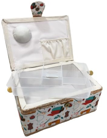 Medium leerer Nähkasten aus Holz, mit Stoff ausgekleidet, mit 4 Fächern, Organizer mit Nadelhalter, Aufbewahrungsbox mit Griff, Zubehörablage (Medium, Nähmaschine)