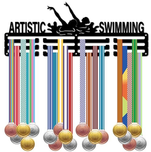 CREATCABIN Porta Medaglie per Nuoto Artistico Display Porta Medaglie Porta Medaglie Cornice per Montaggio A Parete Sport Appeso Atleta Metallo Ferro Nero Organizer Rack Appendere 60 Medaglie 40x15cm