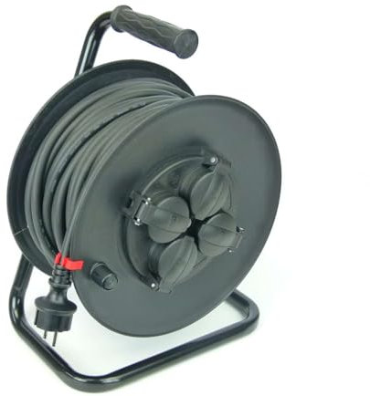 GLT 1 x Paccs 30 m Profi Gummi Kabeltrommel schwarz mit 4 Steckdosen Verlängerungskabel für Außenbereich/Outdoor/Baustellen IP44 - H07RN-F 3x1,5 mm²