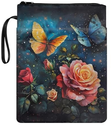 Poceacles Rose Buterfly Buchschoner mit Reißverschluss, wiederverwendbare Buchtasche, Taschenbuch, Hardcover, Buchtragetasche
