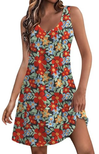 Robe d'Été Femme - Tee Shirt, Plage, Rose, Jaune, Bleu Roi, Orange - Jupe Rouge - 2XL