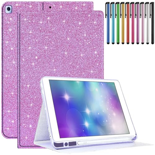 ZOOMALL Case Compatible with iPad 9th / 8th / 7th Generation (2021/2020/2019) 10.2 Inch with Pencil Holder, Slim Stand Shockproof Tablet Cover, Auto Wake/Sleep, Glitter Purple