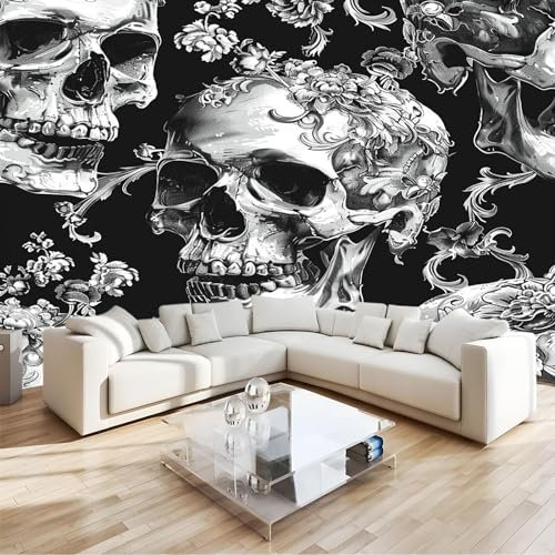 Schwarz 3D Fototapete Vlies Totenkopf Schwarze Blume Moderne Wanddekoration 3D Effekt, Für Schlafzimmer Wohnzimmer Büro & Flur, Premium Kunstdruck Wandtapete Tv-Hintergrund B350 X H256 Cm