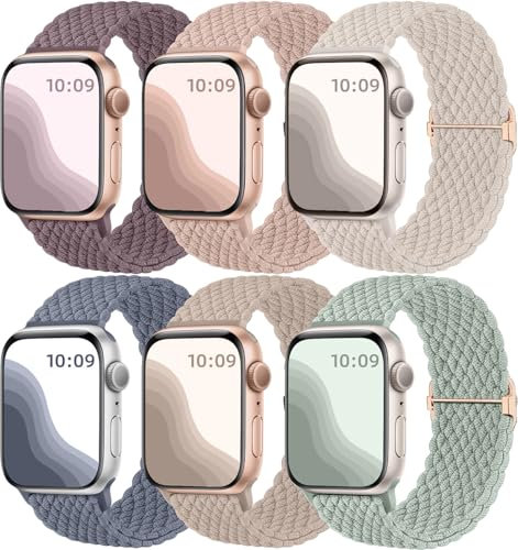 Maledan Paquete de 6 correas trenzadas Solo Loop compatibles con Apple Watch de 44 mm, 45 mm, 42 mm, 46 mm, 49 mm, para mujeres y hombres, correa deportiva elástica de nailon ajustable para iWatch SE