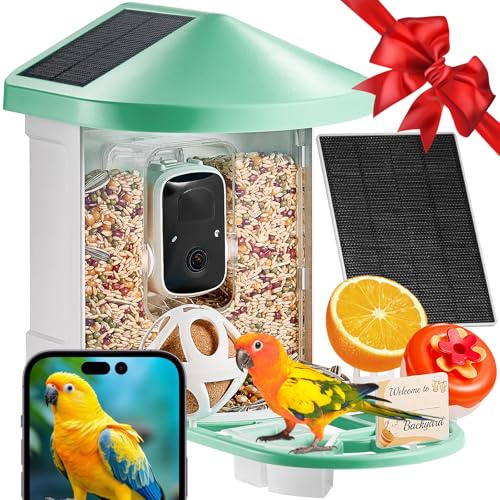 VEVOR Vogelfutterhaus mit Kamera 2K HD KI Vogelerkennung über 10.000 Vogelarten solarbetriebene Vogelbeobachtungskamera mit automatischer Aufnahme und sofortiger Benachrichtigung (3 Solarmodule) Grün