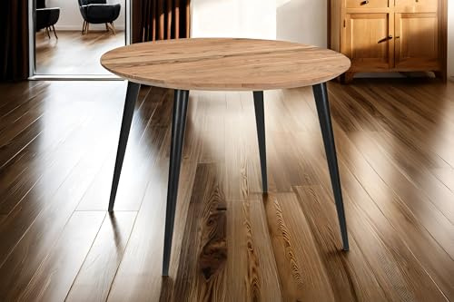 SAM Runder Esstisch Kimberly Ø 105 cm Akazie Natur 4-Fuß-Gestell schwarz | Esszimmertisch massiv, Schweizer Kante, konisches Metallgestell, pflegeleichter Holztisch