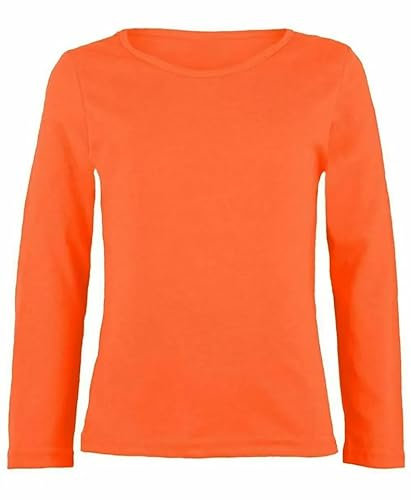 FASHION MY LOVE Girls Boy Kids Plain Basic Long Sleeve Round Neck T-Shirt Stretch School Tee Top Kids Long Sleeve Round Neck T-Shirt Stretch Uniform PE School Tee Top 2-13 Years Neon Orange
