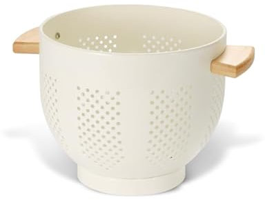 Passoire de Cuisine Avec Manche en Bois et Base Stable, 29 x 22 x 18 cm, Poudre Sûr Alimentaire Enduite, Grande Passoire Métal pour Légumes, Pâtes & Fruits (beige)