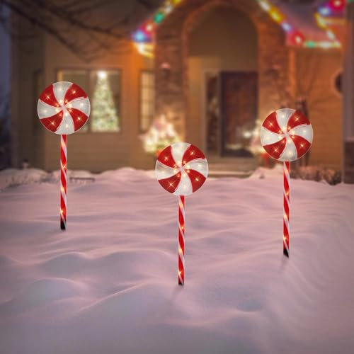 ECD Germany 3er Set LED Lollipop-Weihnachtsweg Aussen, 60 LED 3m, 8 Modi, Batteriebetrieben, Timer, Weihnachten Lutscher Lichterkette, Weihnachtsbeleuchtung Gartenleuchte Zuckerstangen Gartenstecker