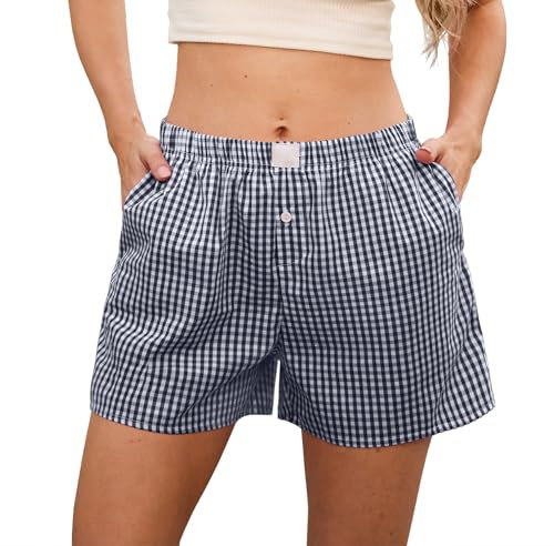 GRECERELLE Short de pyjama à carreaux en coton pour femme - Boxer mignon pour femme - Pantalon de plage décontracté - Short de détente Y2K avec poches, Motif carreaux Bleu marine, M