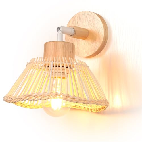TOKIUS Wandleuchte Innen Retro Lampe aus Holz und Bambus Kreativ Design Lampenschirm E27 Wandbeleuchtung Verstellbare Wandlampe für Schlafzimmer Wohnzimmer Esszimmer Flur (Typ-C, 21cm)